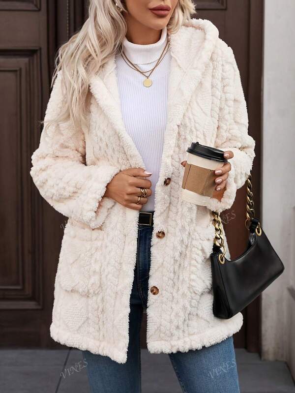 Long Solid Color Rhombus Pattern Front Button Pocket Hooded Winter Jacket
