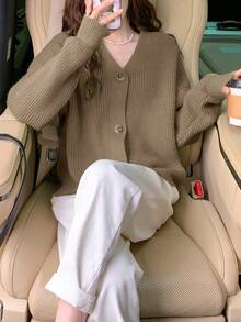 Solid Color Classic And Simple V-Neck Cardigan With Front Button And Long Sleeves,Long Sleeve Tops Casual - Khaki - View 4