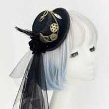 1pc Gothic Retro Steampunk Mini Top Hat With Skull, Feather, Rose Chain Decoration - Anime Vampire Theme Party Women Headpiece, Non-Stretch Brocade, Dark Headdress With Feather Accent Halloween - Multicolor - View 13