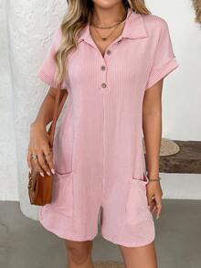 Women's Vertical Striped Jumpsuit Lapel Button Loose Short Sleeve Jumpsuit With Pockets - Hồng - Xem 1
