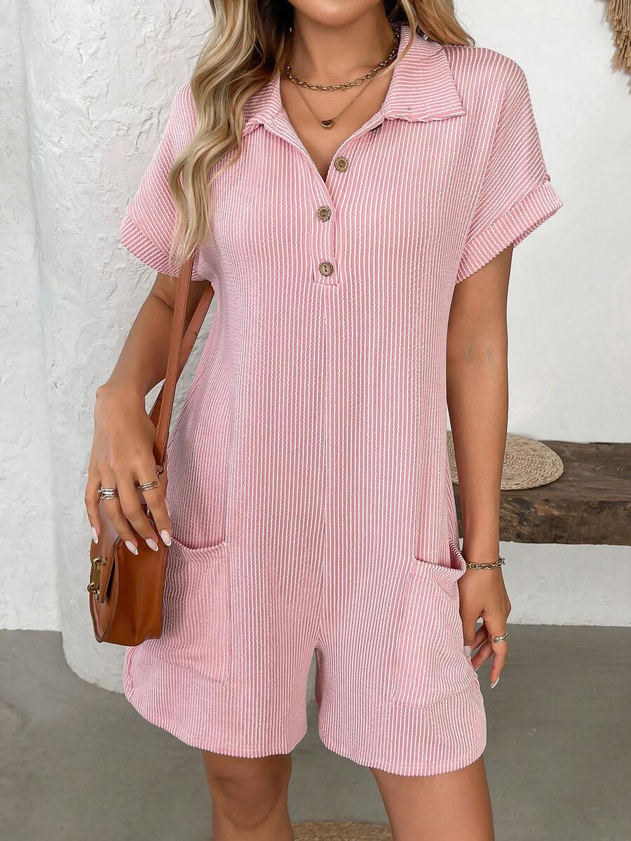 Women's Vertical Striped Jumpsuit Lapel Button Loose Short Sleeve Jumpsuit With Pockets - Hồng - Xem 1