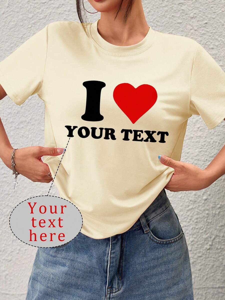 Áo phông tay ngắn tùy chỉnh cho nữ - Tùy chỉnh mẫu chủ đề I Love, thêm văn bản của riêng bạn, chọn màu sắc và phông chữ, thiết kế áo phông tay ngắn in cá nhân hóa của riêng bạn, quà tặng kỷ niệm, ngày lễ tình nhân, quà tặng tùy chỉnh - Màu be - Xem 1