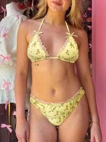 Women 2 Pieces Bikini Swimsuits Floral Print Tie-Up Halter Neck Sleeveless Bra Thong Bottoms Beach Bathing Suit Set