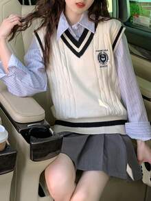 Alicedudu Contrast Trim Cable Knit Sweater Vest - Beige - View 5