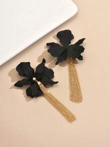 1 paire de boucles d'oreilles à fleurs exagérées et élégantes avec une chaîne et des franges, boucles d'oreilles longues polyvalentes pour femmes