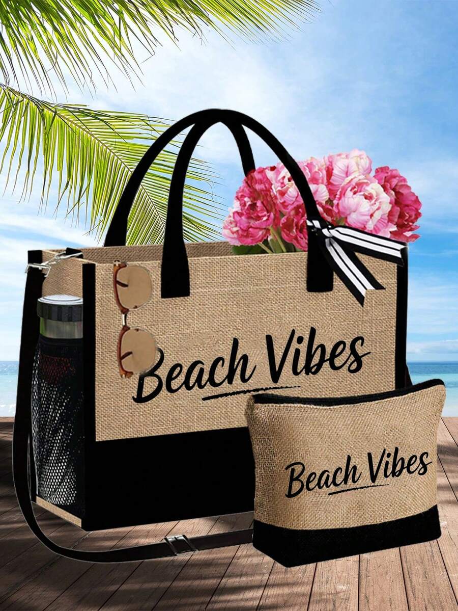 手提包和钱包，肩带手提包，印有“海滩氛围”字母，卡包，多功能便携式教师手提包，教师答谢亚麻包，女士礼物，便携式休闲收纳手提包，多功能购物袋