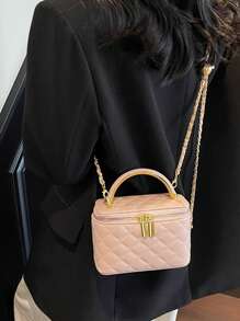 1 pieza Bolso de diseño tipo caja con patrón de rombo BEIKAMU, nuevo monedero y portalipstick, elegante y chic bolso de hombro cruzado con cadena