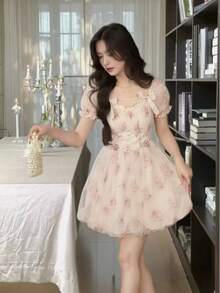 夏秋女士花卉印花网眼连衣裙甜美泡泡袖返校花蕾连衣裙生日派对音乐会服装女士返校节迷你连衣裙 - 查看 2