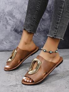 Women's Buckle Flat Sandals, Solid Color Bohemian PU Leather, Casual Sandals For Beach, Wedding, Party, Office, Home, Summer - Brown - View 4