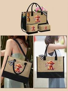 可爱的高地牛主题手提包套装，包括一个手提包和一个黑色零钱包，蝴蝶结豹纹设计高地牛图案，大容量手提包、单肩包、亚麻购物袋、沙滩包；化妆包、指甲油收纳袋