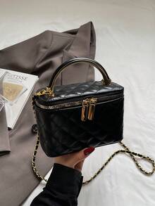 BEIKAMU 1pc Diamond Pattern Pattern Handheld Box-Shaped Bag, New Makeup Lip Balm Coin Purse, Elegant Chic Chain Shoulder Crossbody Bag - Black - View 3