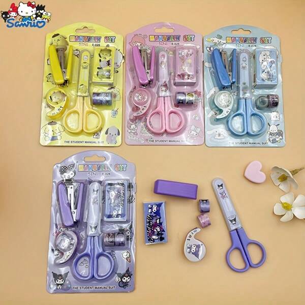 Sanrio Sanrio Kuromi & Cinnamoroll 5-in-1 Sicherheitsschere Schreibwaren Set - süße Cartoon Schulbedarf mit Hefter, Schere, Klebeband, perfekt für Studenten, Nähen, Kunst, Schule, kreatives Geschenk für Freunde
