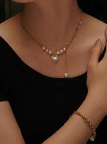 1 Set Romantic Heart Shaped Pendant & Beaded Stainless Steel Jewelry Set, Suitable For Women's Fashion Wear Or Gifting Loved Ones For Holidays