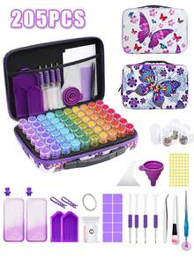 204 piezas Caja de almacenaje y kit de herramientas completo para pintura de diamantes DIY - Bolsa de almacenaje con mariposa, que incluye bandeja de color degradado, bolígrafo rodante, set de bolígrafos para aplicar los puntos, múltiples botellas de almacenaje, embudo, pegatinas, etc. Mejor regalo festivo para principiantes en manualidades y aficiones - Multicolor - Ver 10
