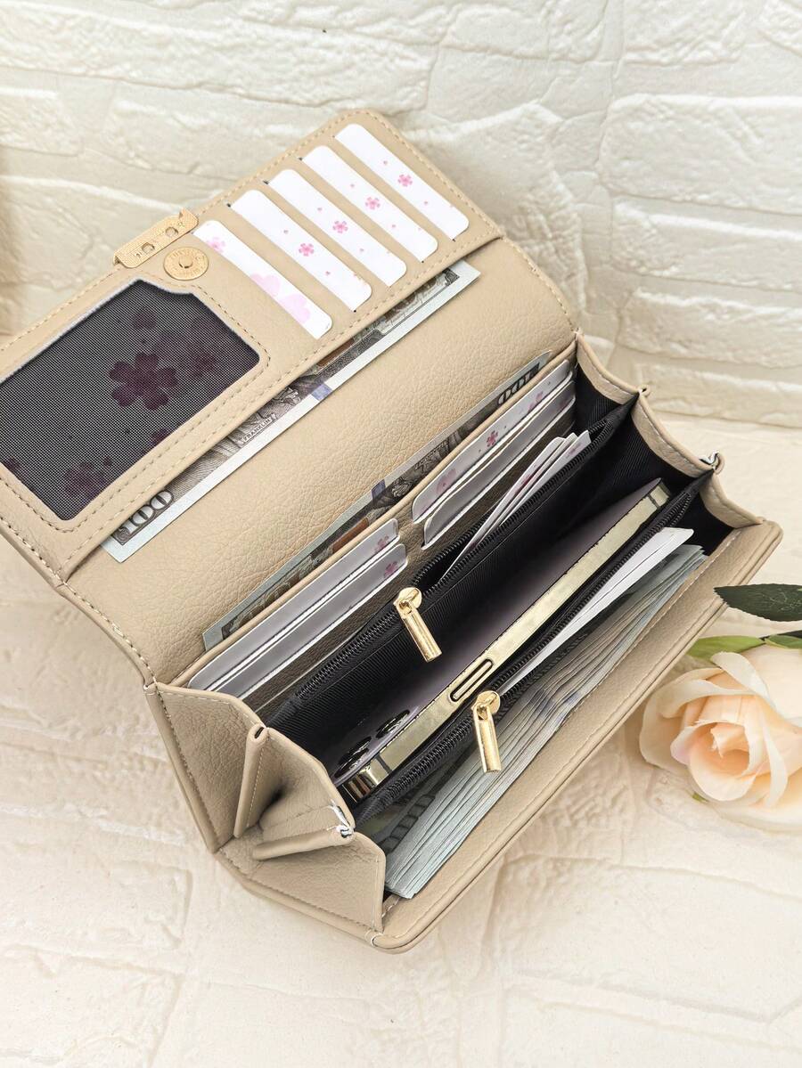 MINGYOU New Women Long Wallet, Fashion Classic Buckle Flap Multi-Functional Large Capacity Wallet, Women Wallet, Mini Wallet, Long Wallet - Apricot - View 1