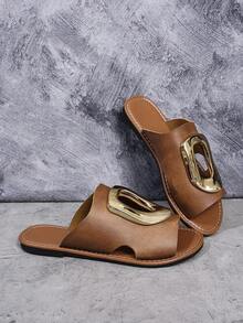 Women's Buckle Flat Sandals, Solid Color Bohemian PU Leather, Casual Sandals For Beach, Wedding, Party, Office, Home, Summer - Brown - View 7