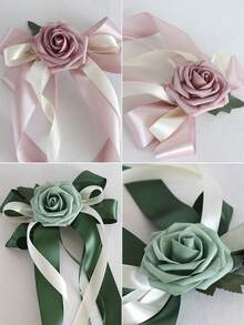 1PC婚车后视镜门把手蝴蝶结装饰欧美复古色车队花，婚礼椅背花车花两用扎花，缎带玫瑰扎花婚庆用品 - 彩色 - 查看 7