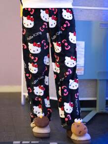 Sanrio Women's Sanrio Hello Kitty Warm Fleece Allover Print Fluffy Pants, Cartoon Kawaii Goth Lolita Style Soft Loungewear Trousers, Plus Size Sleepwear