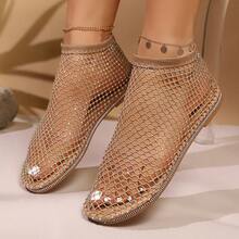 Sandali con strass decorativi in rete da donna, sandali estivi con suola piatta glitterata in stile vacanze, colore oro - Dorato - Visualizzare 3