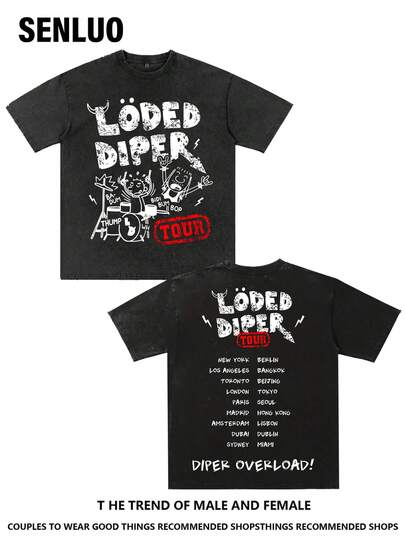[Concert Loded Diper T-Shirt] Loded Diper Concert T-Shirt, Street Letter Print Round Collar Neutral T-Shirt, Men's Fashion Brand Shoulder Drop Boutique 230g Thick Cotton T-Shirt, Washed Old Batik Thickened Cotton T-Shirt