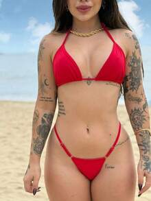 Women's Ribbon Bikini Bronze Adjustment Summer Carnival Beachwear Set - 紅色 - 查看 3