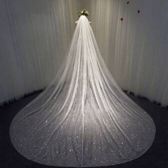 1 Pc Women 1 Tier Cathedral Length Glitter Tulle Wedding Bridal Veil For Wedding Party White Fall Clothes For Women