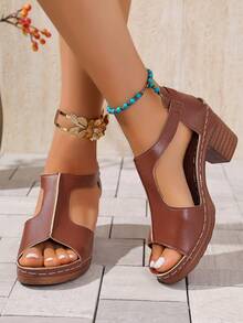 Zapatos de mujer de unicolor con estilo bohemio y retro, sandalias de tacón alto azules para damas, sandalias de tacón grueso - Marrón - Ver 6