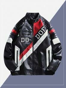 Men's Colorblock Stand Collar PU Leather Jacket, Fashion Biker Motorcycle Jacket, Spring/Autumn