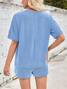 Women's Two Piece Number Stripe Short Sleeve Drawstring Shorts Casual Loungewear Set - Màu xanh lam - Xem 4