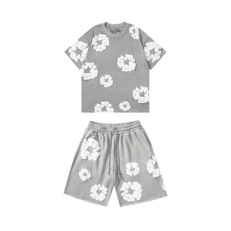 New Men's Women's Same Casual Loose Kapok Foam Printing Short-Sleeved T-Shirt With Shorts Set Floral All Over Print Casual Vestidos De Verano - 灰色套裝 - 查看 1