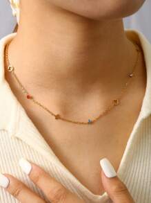 1pc Elegant Luxury Minimalist Hollow Four-Leaf Flower Inlaid Colorful Crystal Stainless Steel 18K Gold Plated Necklace And Bracelet Jewelry Set, Suitable For Daily, Work, Banquet, Party Wear, Gift For Friends, Lovers, Classmates