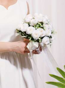 1PC Bridal Bouquet For Wedding; Lace Ribbon Tied Artificial White Rose Flower; Wedding Home Decoration; Wedding Ceremony; Bride's Hand-Held Flower; Church Wedding Ceremony Bridesmaid Prop; Outdoor Wedding Party Photography Decoration Prop