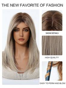 棕色渐变假发，中长发，无刘海，耐热合成发，柔软，逼真，透气，适合初学者，适合女性派对、日常通勤、节日、旅游，16 英寸 - 漸層棕色 - 查看 9