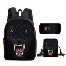 Animal Pattern Printed Backpack Three Pieces Set (Single-Layer Backpack + Shoulder Strap Lunch Bag + Single-Layer Pencil Bag)