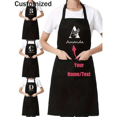 1pc Customized Name Monogram Letter A-Z Black Kitchen Cooking Apron, Modern Polyester Oil-Proof Apron, Black Kitchen Apron, Polyester Apron For Garden, Kitchen And Housework Perfect For Home, Restaurant, And Kitchen Cooking