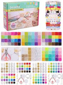 beadia 4 盒/套 8550 件聚合物粘土珠子套装用于制作手链，包括扁平圆形粘土隔珠、弹性线、亚克力扁平珠、延长链等，非常适合生日派对、新年礼物