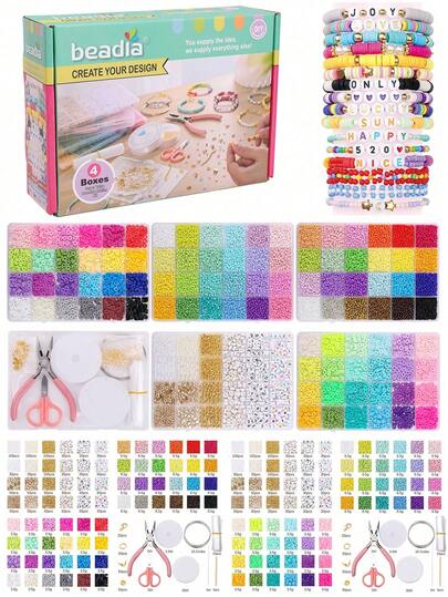 beadia 4 盒/套 8550 件聚合物粘土珠子套装用于制作手链，包括扁平圆形粘土隔珠、弹性线、亚克力扁平珠、延长链等，非常适合生日派对、新年礼物