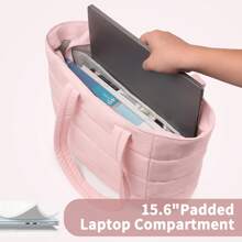 Bolso de tote esponjoso para mujeres, bolso de tote acolchado para viaje que cabe una computadora portátil de 15.6 pulgadas, bolso de nailon para trabajo para enfermeras, estudiantes universitarias, profesores (color rosa)