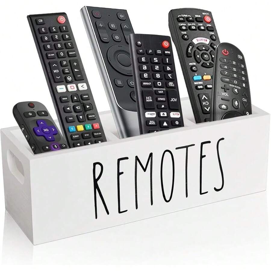 New- Remote Control Holder, Farmhouse Remote Storage Caddy, Bedside TV Controller Box, Rustic Wood Media Anizer Tray For Home Bedroom Table () - White - View 1