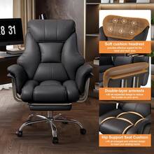 Big And Tall Office Chair 550 Lbs Extra Wide Leather Executive Chair With Retractable Footrest, Heavy-Duty Ergonomic Chair, Adjustable Height Computer Gaming Chairs - 黑色 - 查看 2