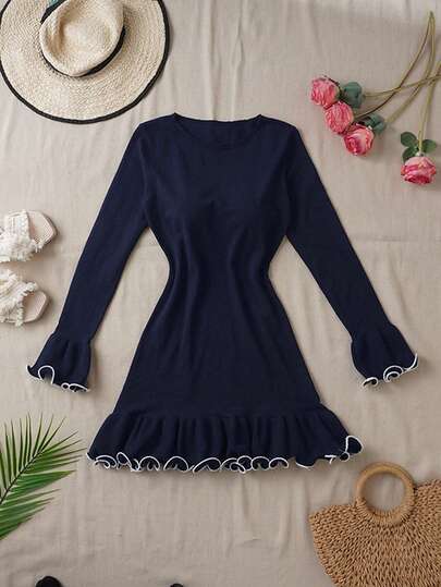 Kami's FALL Sweater Dress, European And American Style,Sexy Wave Curled Edge Women's Mini Dress ,Kawaii,Streetwear,Chic,Suitable For Party Outfits,Halloween, Christmas,Tops