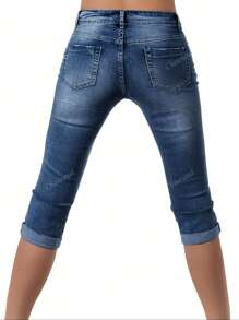 Women's Elegant Casual Ripped Cuffed 7/8 Length Jeans, Suitable For Commuting And Outings In Autumn