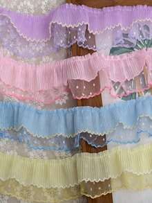 1 Yard Blue Double Layer Pleated Dot Mesh Lace Fabric Ribbon Silk Diy Gift Wrapping Material, For Women - Blue - View 3