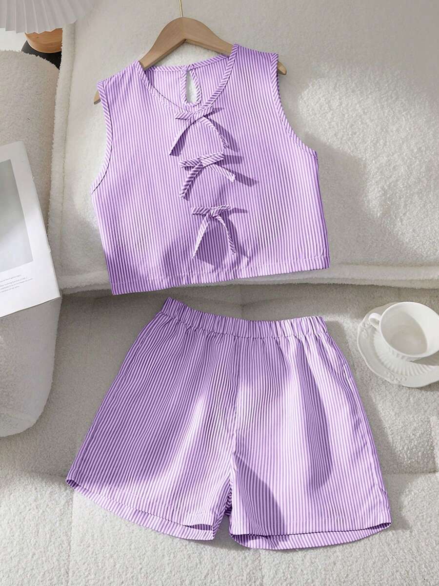 2 peças/Conjunto Elegante e Casual de Top para Meninas, Top Regata com Botão em Formato de Lágrima na Moda + Shorts Esportivos, Tecido Macio e Confortável, Adequado para Primavera, Verão, Outono, Inverno e Vários Festivais, Presente Outdoor para Filha - Roxo - Visão 1