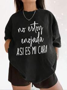 Playera informal de verano para mujer con estampado de humor, cuello redondo, manga corta, 100 % algodón, 220 g de algodón grueso. - Negro - Ver 1
