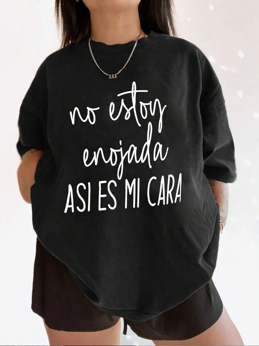 Playera informal de verano para mujer con estampado de humor, cuello redondo, manga corta, 100 % algodón, 220 g de algodón grueso. - Negro - Ver 1