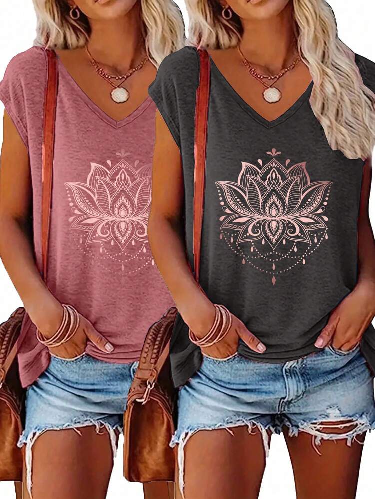 2pcs Solid Color V-Neck T-Shirt, Casual Short Sleeve Tee, Women Summer - Multicolor - View 1