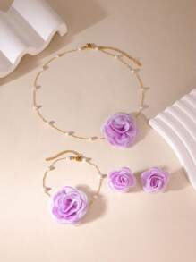 MESTILO 4pcs/Set Elegant 18K Stainless Steel Fabric Rose Necklace, Bracelet, Earrings Jewelry Set For Women, Daily Wear & Dating (Pearl Quantity Random)