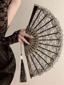 1pc Exquisite Gold Rose Lace Fan, Elegant And Beautiful Lace Material, Cool Fan Accompanies Your Daily Travel, Gatherings And Parties, Suitable For Photography And Dancing, A Must-Have Decorative Item For Fashionable Women's Charm! Vintage Black Lace Folding Fan JK Lolita Cheongsam Fan Antique Style Photo Props Lace Lace Women Folding Summer Wedding Gifts Dance High End Props Folding Fan Fan Hand Fanfolding Fan