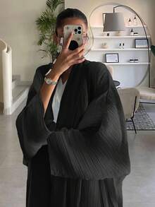 一件扎染优雅休闲长袍，阿拉伯迪拜时尚沙特开衫长袍披肩，适合日常穿着和聚会，黑色 - 黑色 - 查看 5